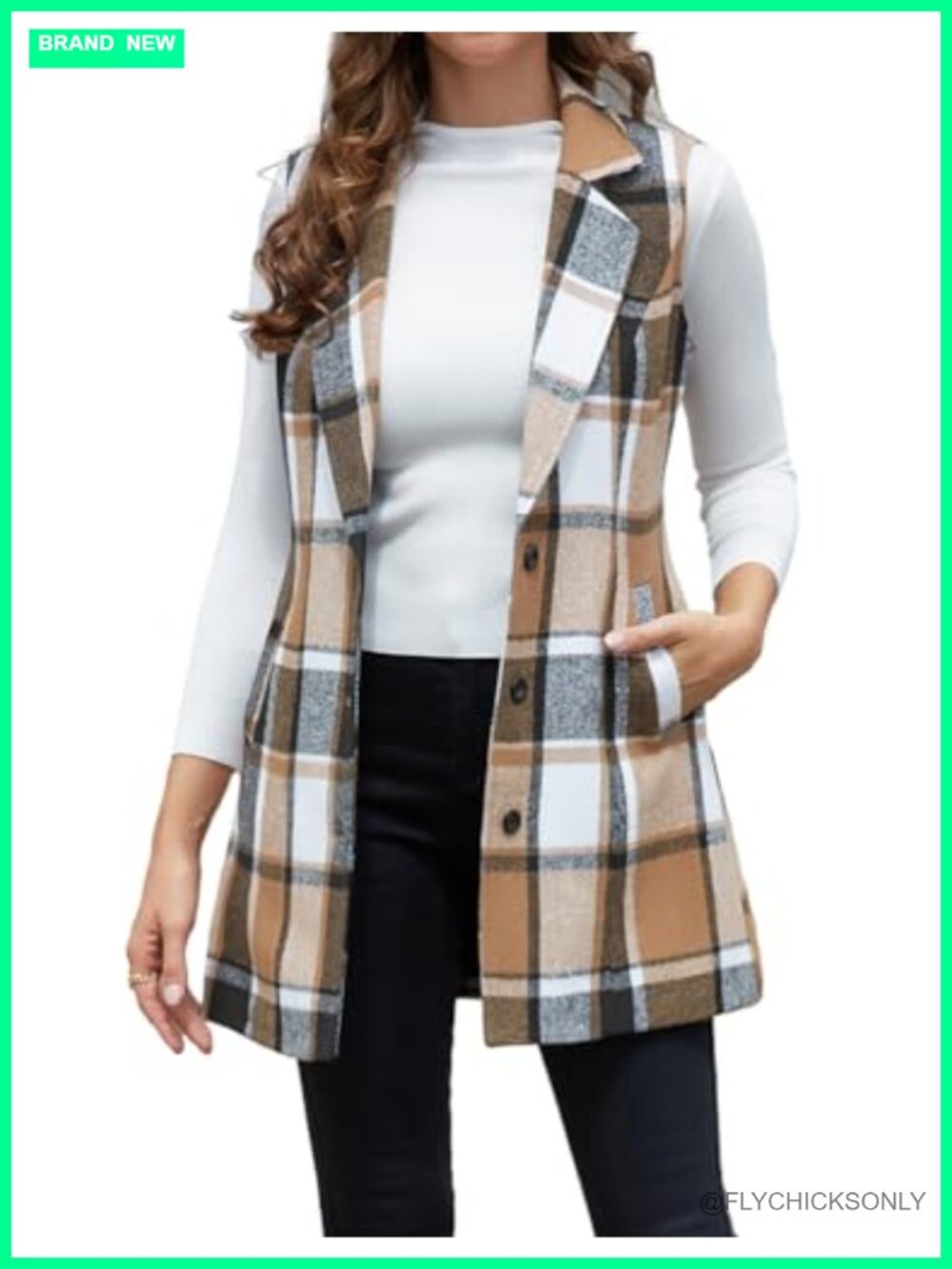 Plaid Sleeveless Blazer Vest Notch Lapel Side Pockets Fall Winter